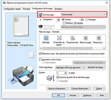 figure&nbsp;: Sélectionnez Personnalisé pour Format page dans l'onglet Configuration de la page.