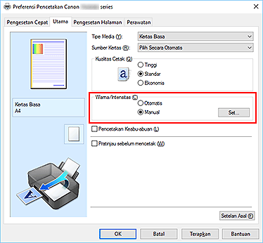 gambar: Pilih Manual untuk Warna/Intensitas pada tab Utama