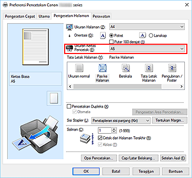 gambar: Ukuran Kertas Pencetak pada tab Pengesetan Halaman