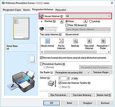 gambar: Ukuran Halaman pada tab Pengesetan Halaman
