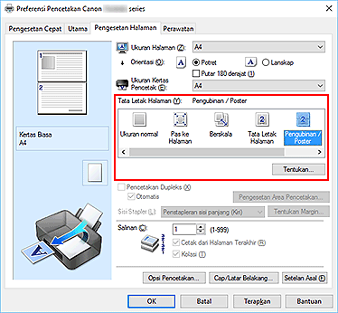 gambar: Pilih Pengubinan/Poster untuk Tata Letak Halaman pada tab Pengesetan Halaman
