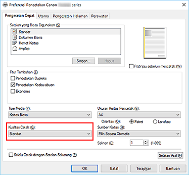 gambar: Kualitas Cetak pada tab Pengesetan Cepat