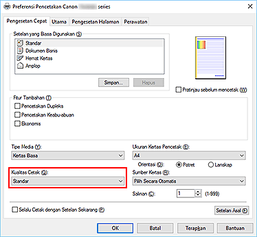 gambar: Kualitas Cetak pada tab Pengesetan Cepat
