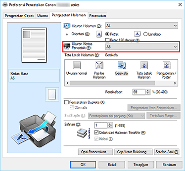 gambar: Ukuran Kertas Pencetak pada tab Pengesetan Halaman