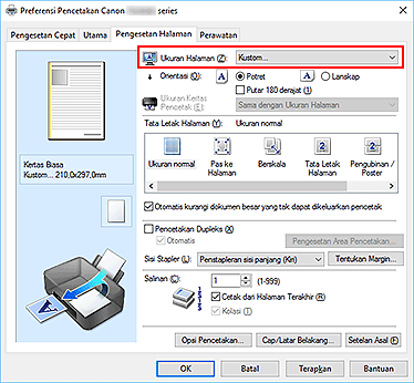 gambar: Pilih Kustom untuk Ukuran Halaman pada tab Pengesetan Halaman