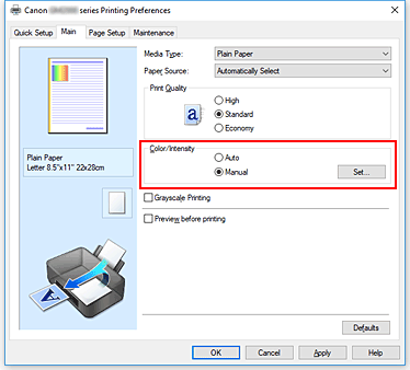 figura: Selezione di Manuale per Colore/Intensità nella scheda Principale