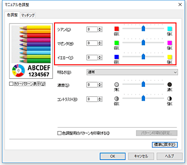 図：［マニュアル色調整］ダイアログボックスのカラーバランス