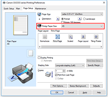 afbeelding: Papierformaat printer op het tabblad Pagina-instelling