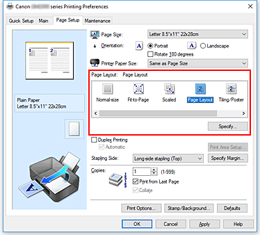 figura: Selecione Layout de Página para Layout de Página na guia Configurar Página