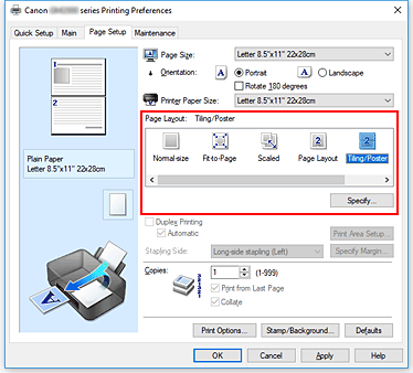figura:Selectaţi Tiling/Poster pentru Page Layout din fila Page Setup