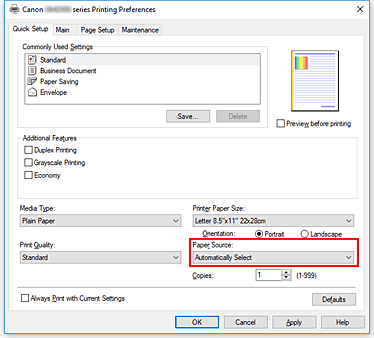 figura:Paper Source din fila Quick Setup