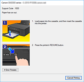 figura:Afişajul de erori de la Canon IJ Status Monitor