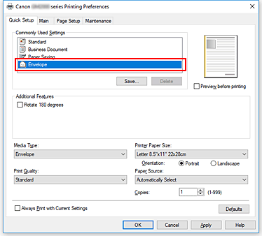 slika: v možnosti Commonly Used Settings na kartici Quick Setup izberite Envelope