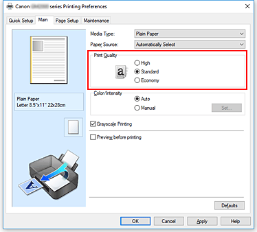 slika: možnost Print Quality na kartici Quick Setup