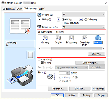 hình: Chọn Sách nhỏ cho Bố cục trang trên tab Thiết lập trang