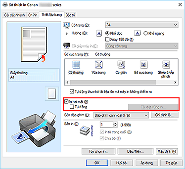 hình: Hộp kiểm In hai mặt trên tab Thiết lập trang