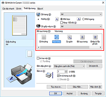 hình: Chọn Vừa trang cho Bố cục trang trên tab Thiết lập trang