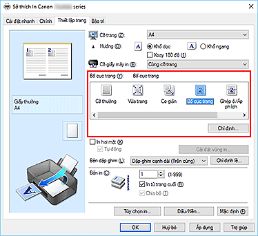 hình: Chọn Bố cục trang cho Bố cục trang trên tab Thiết lập trang