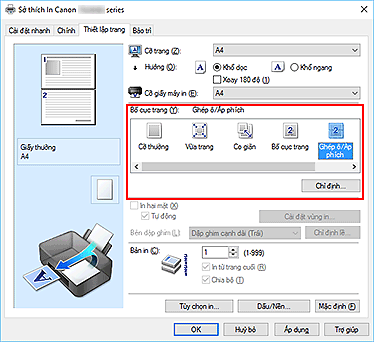 hình: Chọn Ghép ô/Áp phích cho Bố cục trang trên tab Thiết lập trang