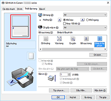 hình: Xem trước Cài đặt được hiển thị trên tab Thiết lập trang