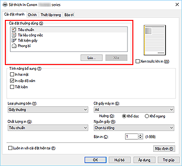 hình: Cài đặt thường dùng trên tab Cài đặt nhanh