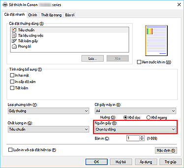 hình: Nguồn giấy trên tab Cài đặt nhanh