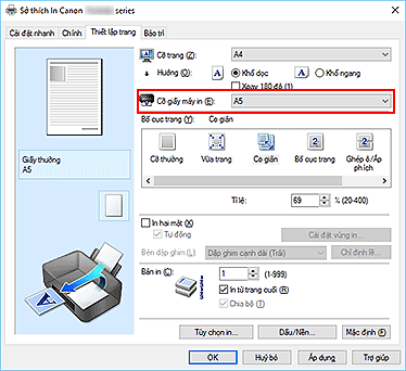 hình: Cỡ giấy máy in trên tab Thiết lập trang