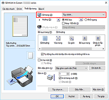 hình: Chọn Tùy chỉnh cho Cỡ trang trên tab Thiết lập trang