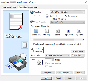 фигура: Квадратче за отметка &bdquo;Duplex Printing&bdquo; в раздела &bdquo;Page Setup&rdquo;