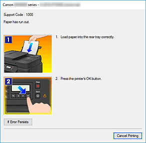 obrázek: zobrazení chybového hlášení aplikace Monitor stavu Canon IJ