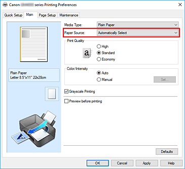 εικόνα:Λίστα Προέλευση χαρτιού στην καρτέλα Κύριες ρυθμίσεις
