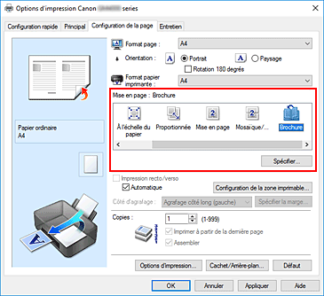 figure&nbsp;: Sélectionnez Brochure comme Mise en page dans l'onglet Configuration de la page.