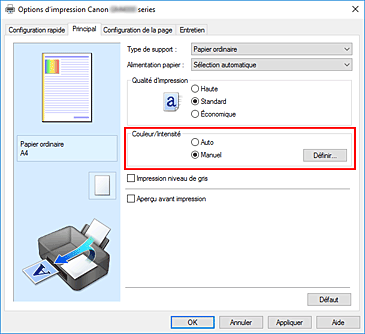 figure&nbsp;: Sélectionnez Manuel pour Couleur/Intensité dans l'onglet Principal.