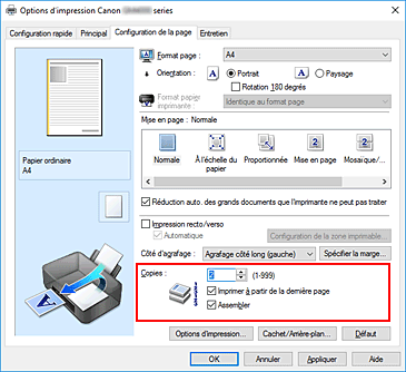 figure&nbsp;: Copies dans l'onglet Configuration de la page