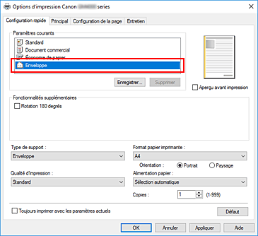 figure&nbsp;: Sélectionnez Enveloppe dans Paramètres courants dans l'onglet Configuration rapide.