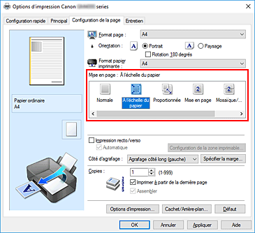 figure&nbsp;: Sélectionnez À l'échelle du papier comme Mise en page dans l'onglet Configuration de la page.