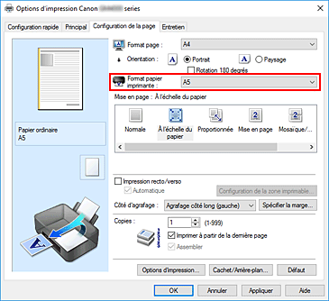 figure&nbsp;: Format papier imprimante dans l'onglet Configuration de la page