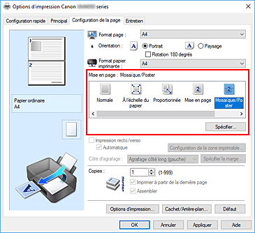 figure&nbsp;: Sélectionnez Mosaïque/Poster comme Mise en page dans l'onglet Configuration de la page.