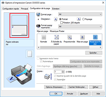figure&nbsp;: Affichage de l'aperçu des paramètres dans l'onglet Configuration de la page