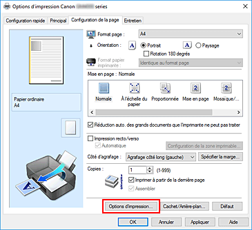 figure&nbsp;: Options d'impression... dans l'onglet Configuration de la page