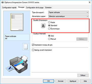figure&nbsp;: Qualité d'impression dans l'onglet Principal
