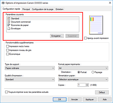 figure&nbsp;: Paramètres courants dans l'onglet Configuration rapide