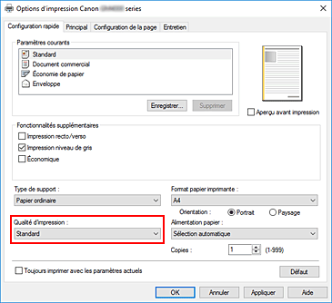 figure&nbsp;: Qualité d'impression dans l'onglet Configuration rapide