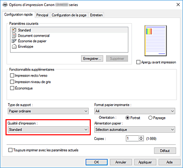 figure&nbsp;: Qualité d'impression dans l'onglet Configuration rapide