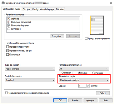 figure&nbsp;: Alimentation papier dans l'onglet Configuration rapide