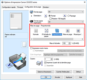 figure&nbsp;: Sélectionnez Proportionnée comme Mise en page dans l'onglet Configuration de la page.