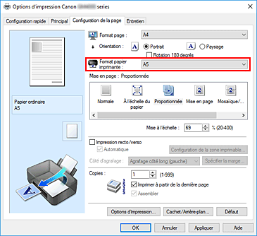 figure&nbsp;: Format papier imprimante dans l'onglet Configuration de la page