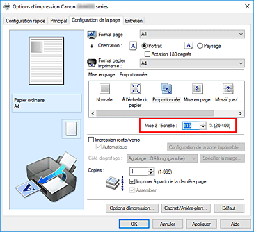 figure&nbsp;: Mise à l'échelle dans l'onglet Configuration de la page