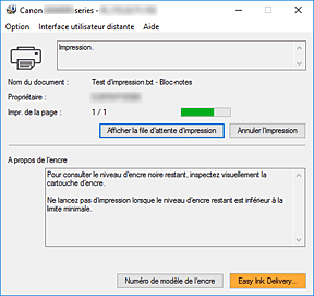 figure&nbsp;: Écran d'état d'imprimante Canon IJ
