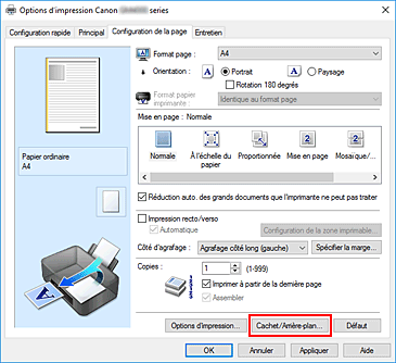 figure&nbsp;: Cachet/Arrière-plan... dans l'onglet Configuration de la page
